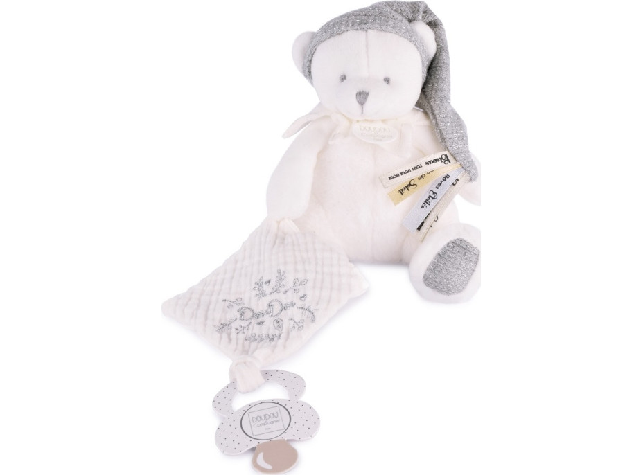 Doudou Darčeková sada Plyšový medvedík s úchytom na cumlík a dečkou šedý 20 cm