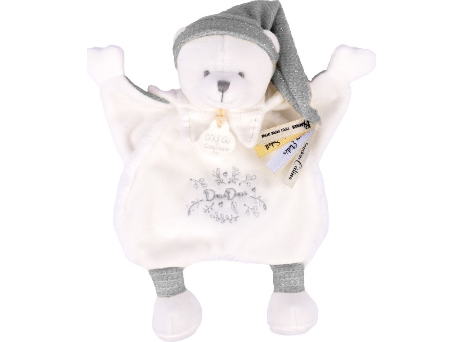 Doudou Darčeková sada Plyšový muchláčik medvedík s čiapočkou sivý 25 cm