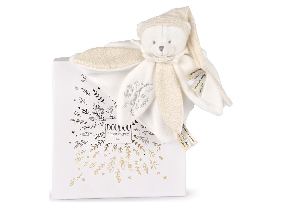Doudou Darčeková sada Plyšový muchláčik medvedík s čiapočkou 25 cm béžový