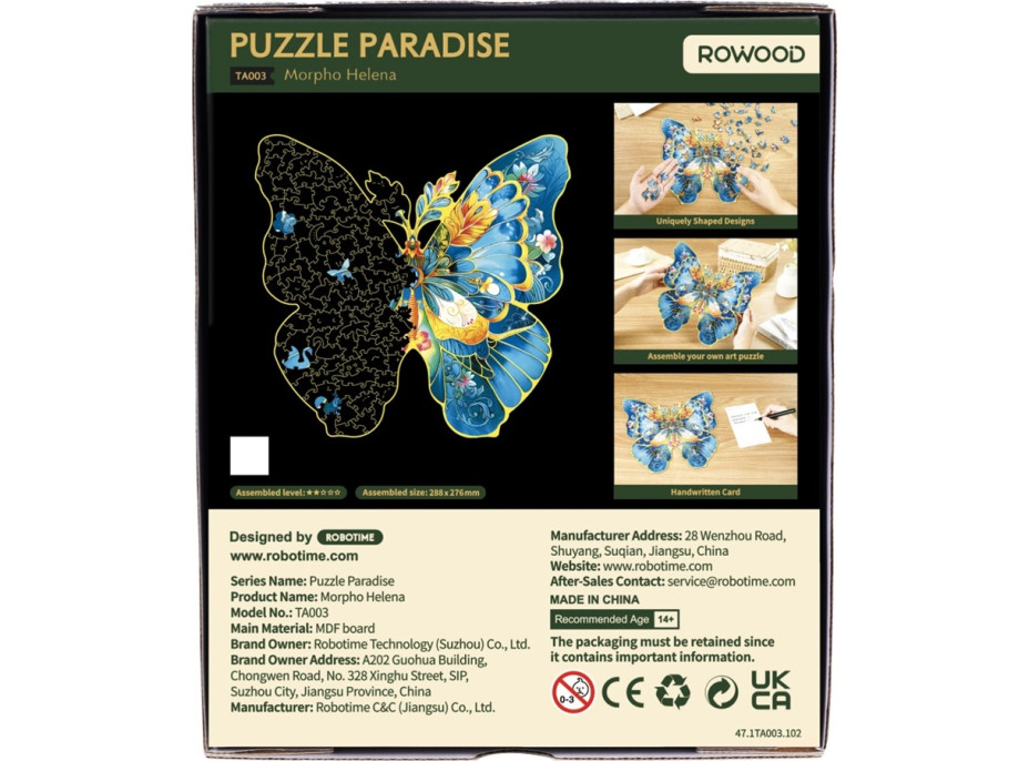 RoboTime Drevené puzzle Motýľ Morpho Helena