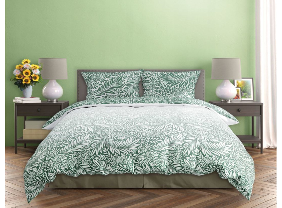 Saténové obliečky MILAGRO VERDE Zelené listy - biele / zelené - 220x200 cm
