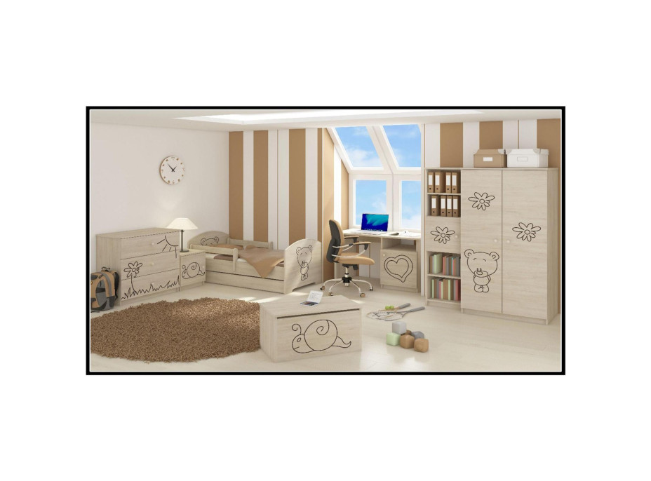 Detská posteľ s výrezom MÉĎA 140x70 cm, dub sonoma + matrac, 2x krátka zábrana, šuplík