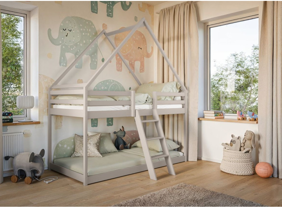 Detská poschodová domčeková posteľ s Montessori lôžkom z masívu borovice SVEN - 200x90 cm - KAŠMÍROVÁ