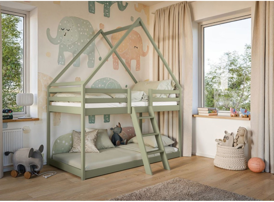 Detská poschodová domčeková posteľ s Montessori lôžkom z masívu borovice SVEN - 200x90 cm - OLIVOVO ZELENÁ