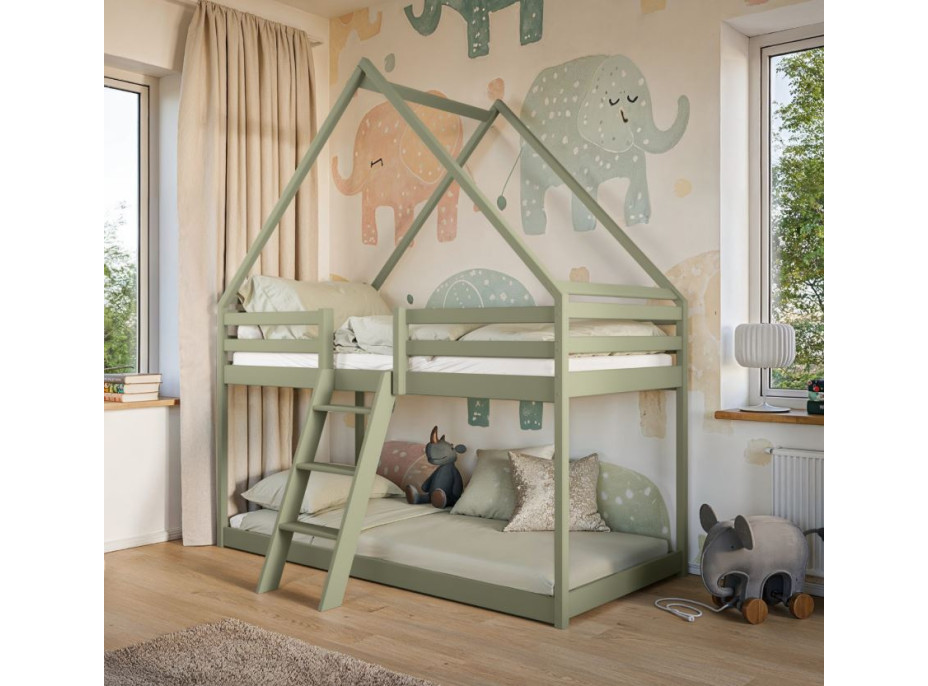 Detská poschodová domčeková posteľ s Montessori lôžkom z masívu borovice SVEN - 200x90 cm - OLIVOVO ZELENÁ