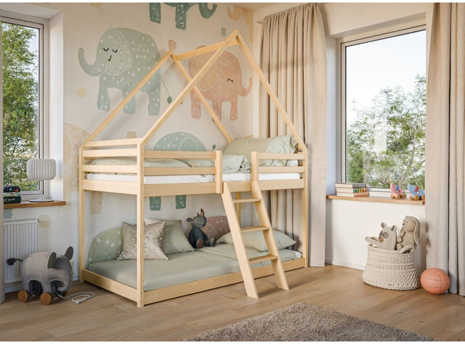 Detská poschodová domčeková posteľ s Montessori lôžkom z masívu borovice SVEN - 180x80 cm - PRÍRODNÁ
