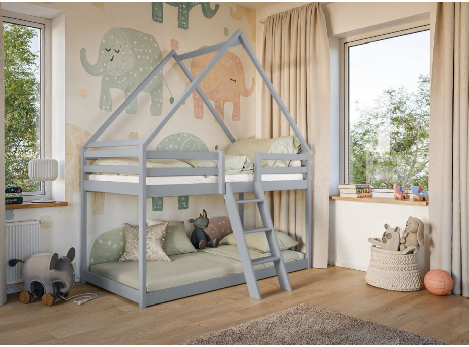 Detská poschodová domčeková posteľ s Montessori lôžkom z masívu borovice SVEN - 200x90 cm - ŠEDÁ