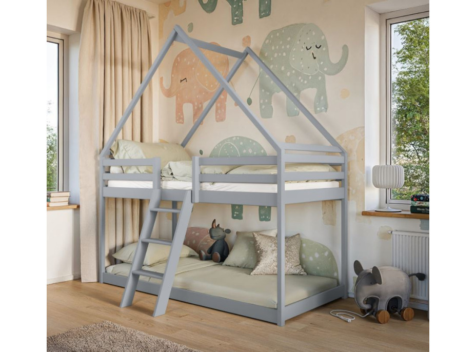 Detská poschodová domčeková posteľ s Montessori lôžkom z masívu borovice SVEN - 200x90 cm - ŠEDÁ