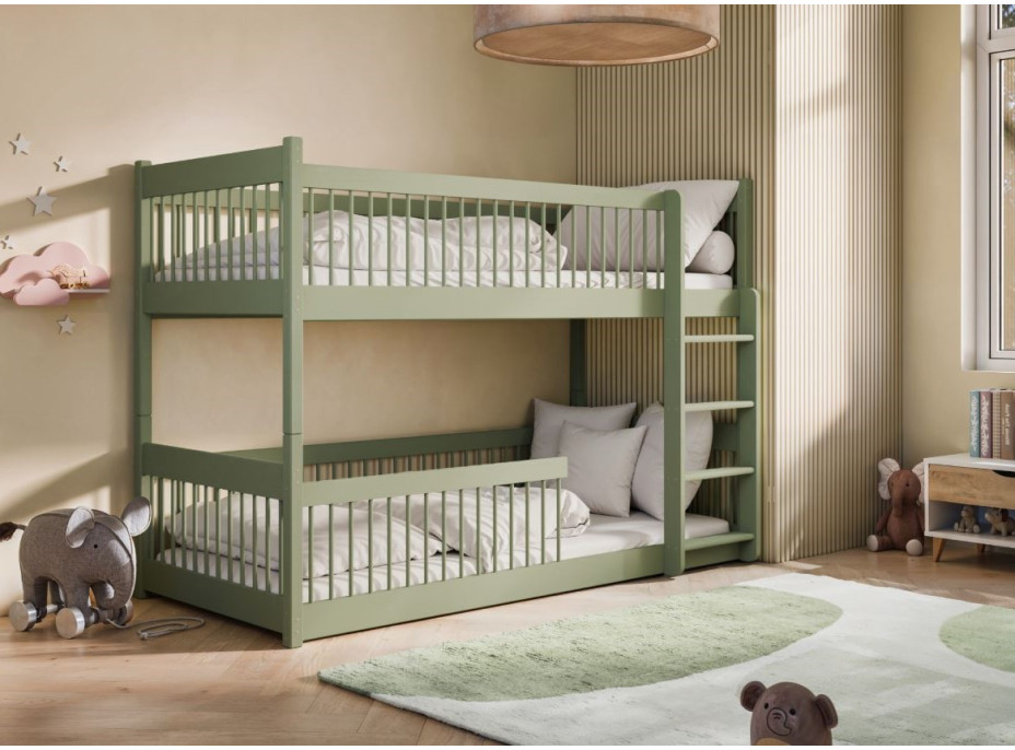 Detská poschodová posteľ s Montessori lôžkom z masívu borovice BOLEK - 200x90 cm - OLIVOVO ZELENÁ