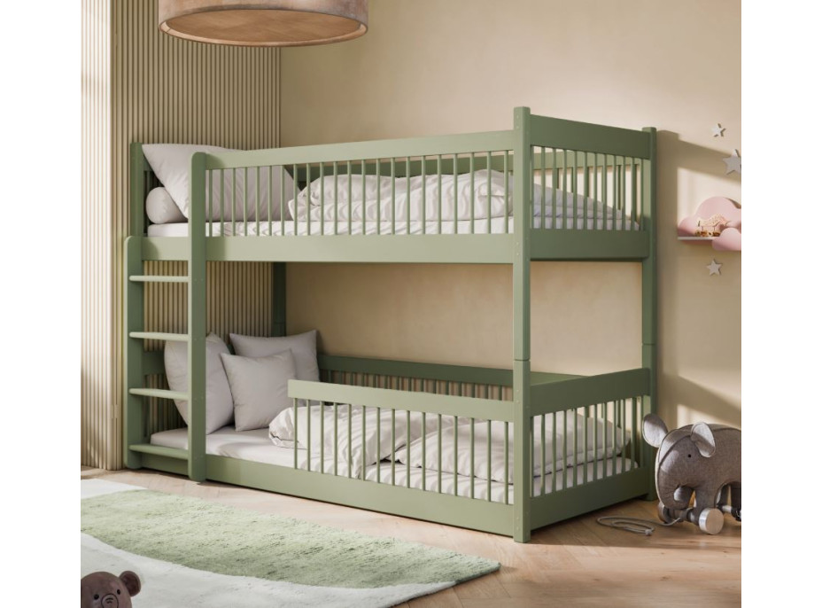 Detská poschodová posteľ s Montessori lôžkom z masívu borovice BOLEK - 200x90 cm - OLIVOVO ZELENÁ
