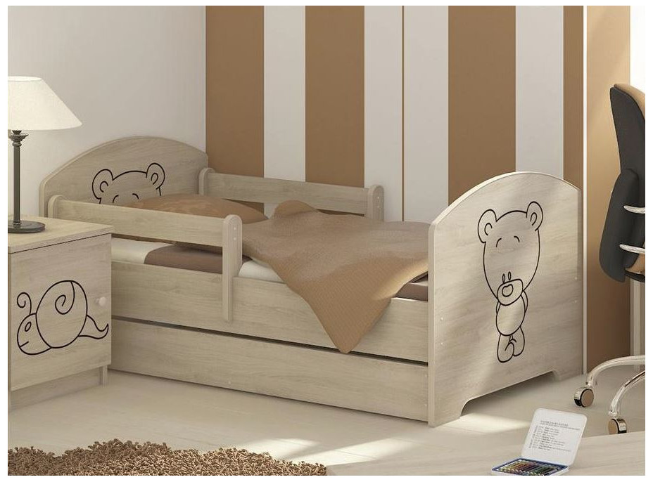 Detská posteľ s výrezom MÉĎA 140x70 cm, dub sonoma + matrac, 2x krátka zábrana, šuplík