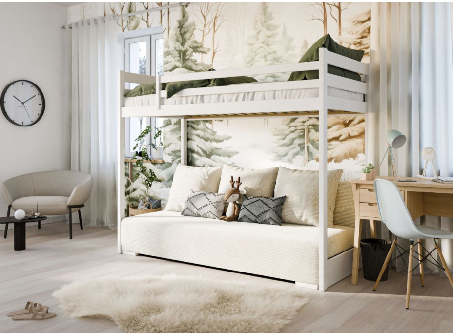 Vyvýšená posteľ z masívu borovice s rozkladacou pohovkou SOFIE - 200x90/140 cm - biela/béžová