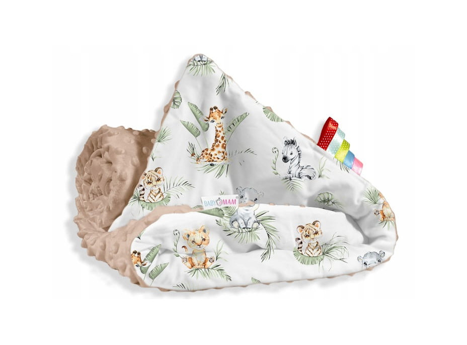 Detská deka do kočíka s vankúšikom a motýlikom - BABYMAM PREMIUM set 3v1 - Africké zvieratká s béžovou minkami