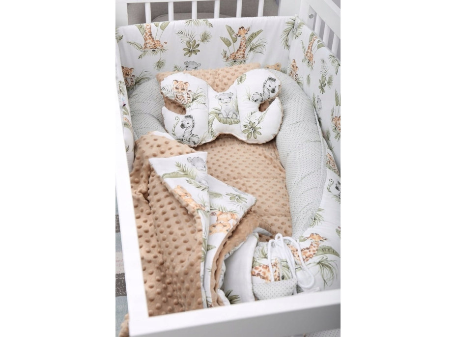Detská deka do kočíka s vankúšikom a motýlikom - BABYMAM PREMIUM set 3v1 - Africké zvieratká s béžovou minkami