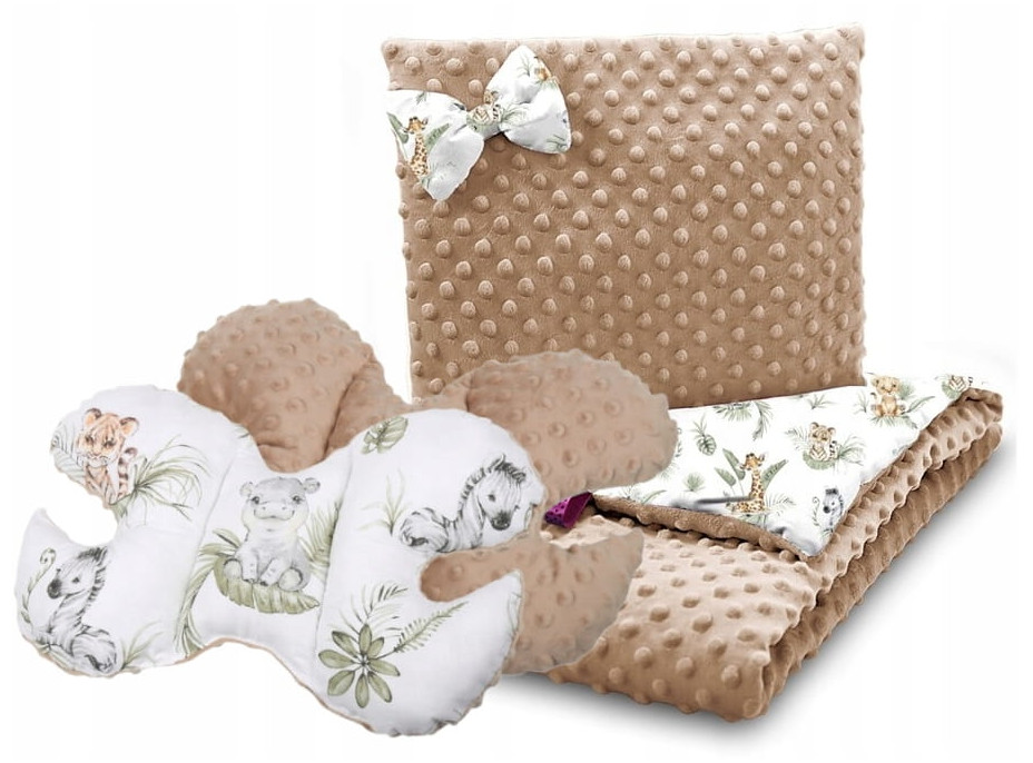 Detská deka do kočíka s vankúšikom a motýlikom - BABYMAM PREMIUM set 3v1 - Africké zvieratká s béžovou minkami