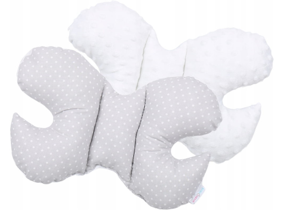 Detská deka do kočíka s vankúšikom a motýlikom - BABYMAM PREMIUM set 3v1 - Biele bodky na šedej s bielou minky
