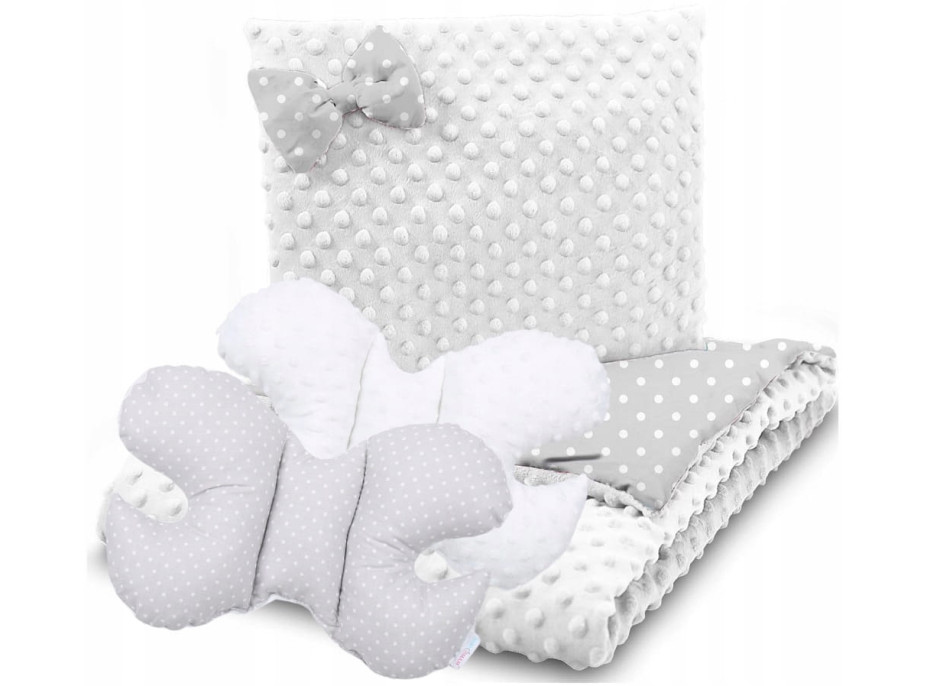 Detská deka do kočíka s vankúšikom a motýlikom - BABYMAM PREMIUM set 3v1 - Biele bodky na šedej s bielou minky