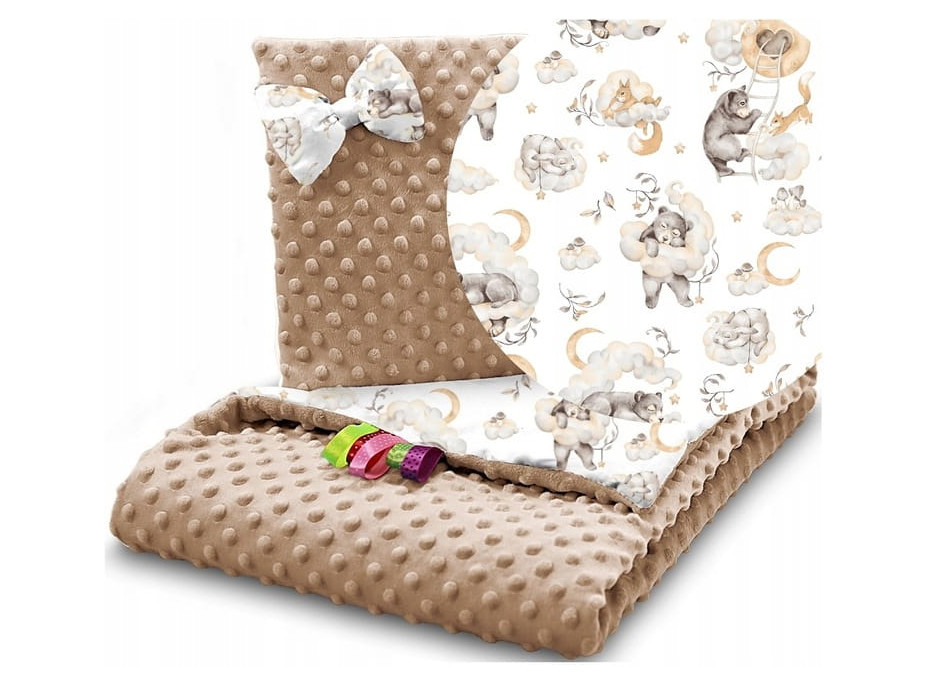 Detská deka do kočíka s vankúšikom a motýlikom - BABYMAM PREMIUM set 3v1 - Medvieďatá s béžovou minkami