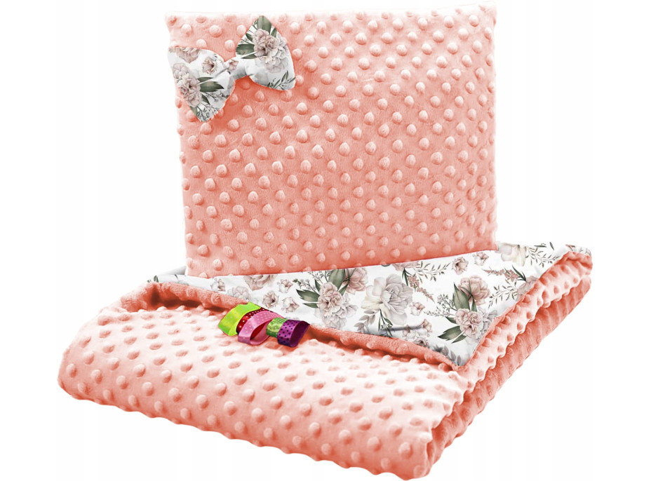 Detská deka do kočíka s vankúšikom a motýlikom - BABYMAM PREMIUM set 3v1 - Romantické kvety s marhuľovou minkou