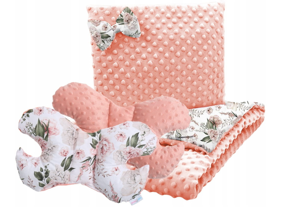 Detská deka do kočíka s vankúšikom a motýlikom - BABYMAM PREMIUM set 3v1 - Romantické kvety s marhuľovou minkou