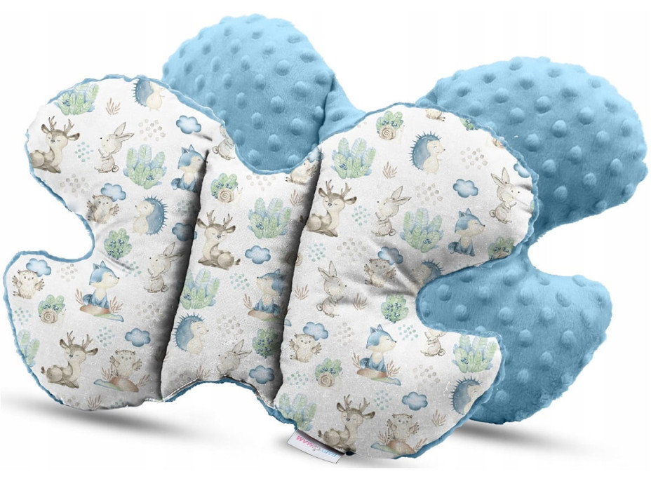Detská deka do kočíka s vankúšikom a motýlikom - BABYMAM PREMIUM set 3v1 - Vlk a kamaráti so svetlo modrou minkou