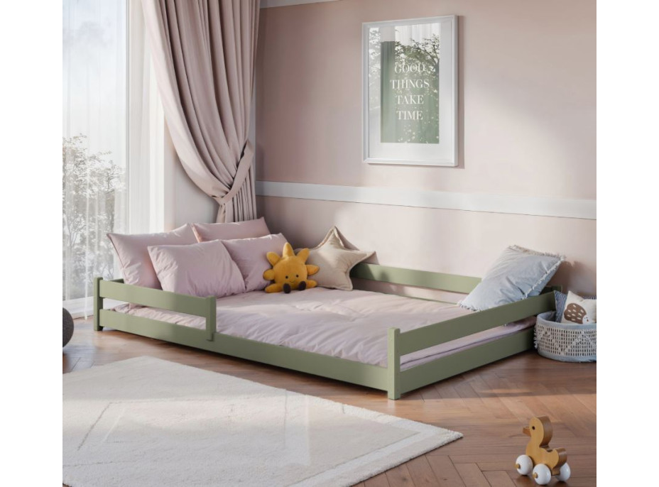 Detská Montessori posteľ z masívu borovice ALICE - 200x140 cm - OLIVOVO ZELENÁ