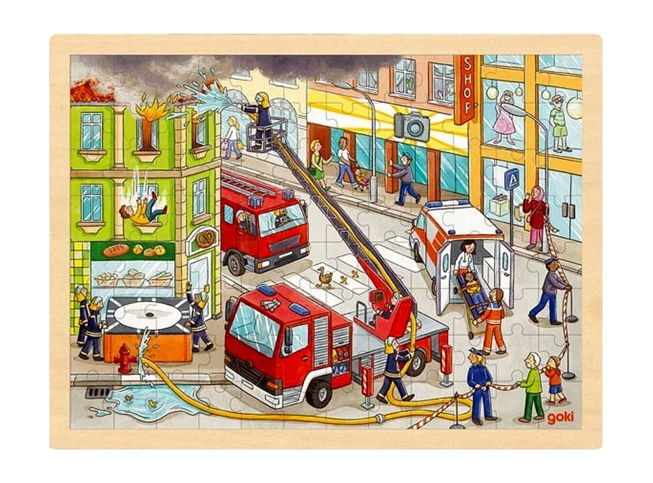 GOKI Drevené puzzle Hasiči 96 dielikov
