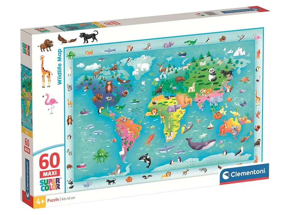 CLEMENTONI Puzzle s hľadaním obrázkov Mapa sveta so zvieratkami MAXI 60 dielikov