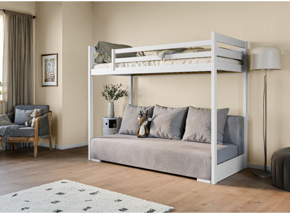 Vyvýšená posteľ z masívu borovice s rozkladacou pohovkou SOFIE - 200x90/140 cm - biela/sivá