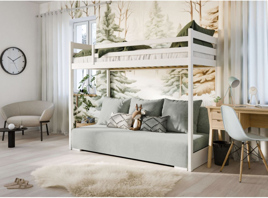 Vyvýšená posteľ z masívu borovice s rozkladacou pohovkou SOFIE - 200x90/140 cm - biela/sivá