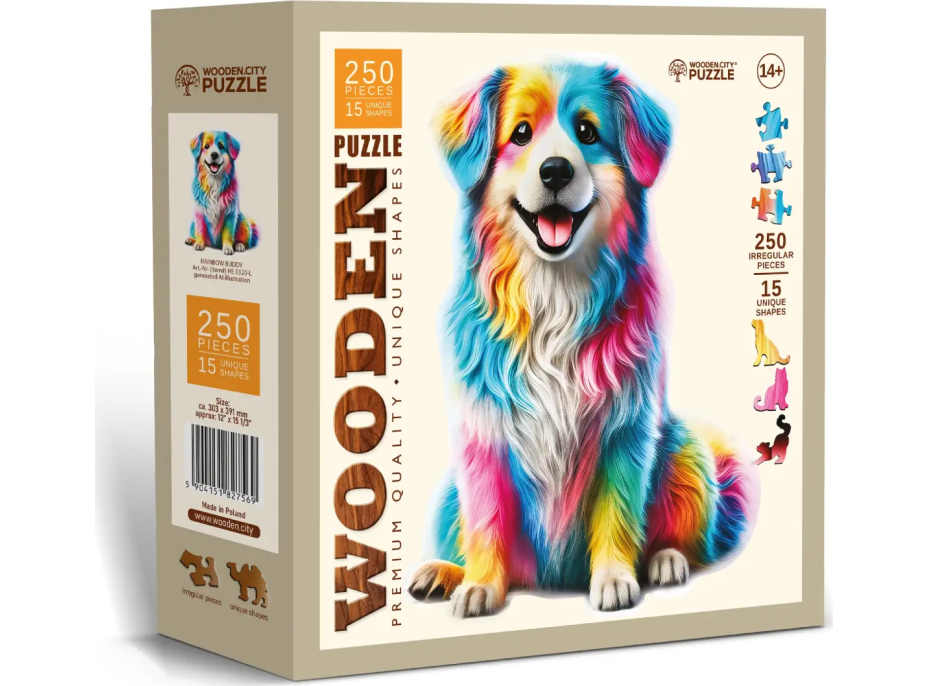 WOODEN CITY Drevené puzzle Dúhový pes 250 dielikov