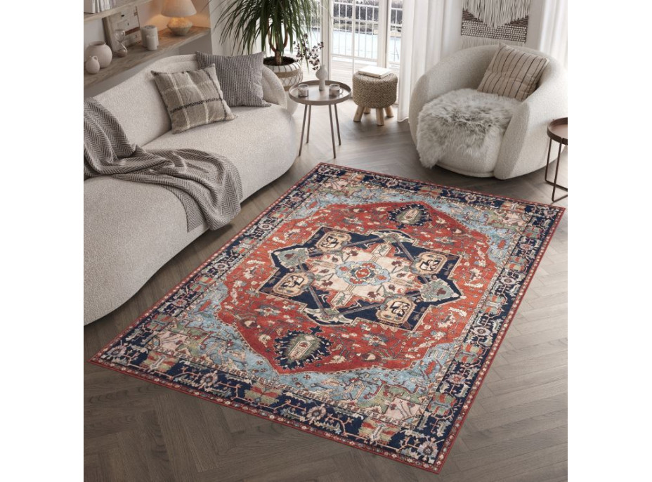 Kusový koberec FLANNEL PRINTED - Ornament - červený/tmavo modrý
