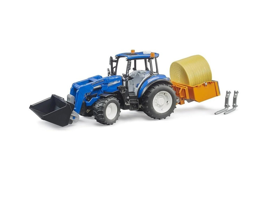 Bruder Traktor New Holland T5.120 s čelným nakladačom, korbou, vidlami a okrúhlym balíkom
