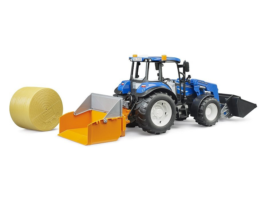 Bruder Traktor New Holland T5.120 s čelným nakladačom, korbou, vidlami a okrúhlym balíkom