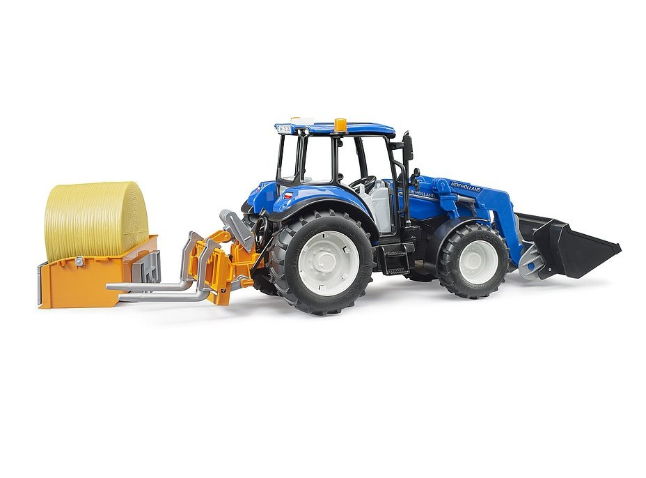 Bruder Traktor New Holland T5.120 s čelným nakladačom, korbou, vidlami a okrúhlym balíkom