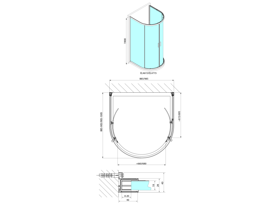 Polysan EASY polkruhová sprchová zástena 900x900mm, číre sklo EL4615