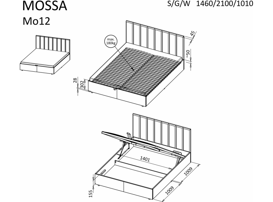 Posteľ MOSSA MO12 s úložným priestorom - 200x140 cm - krémová