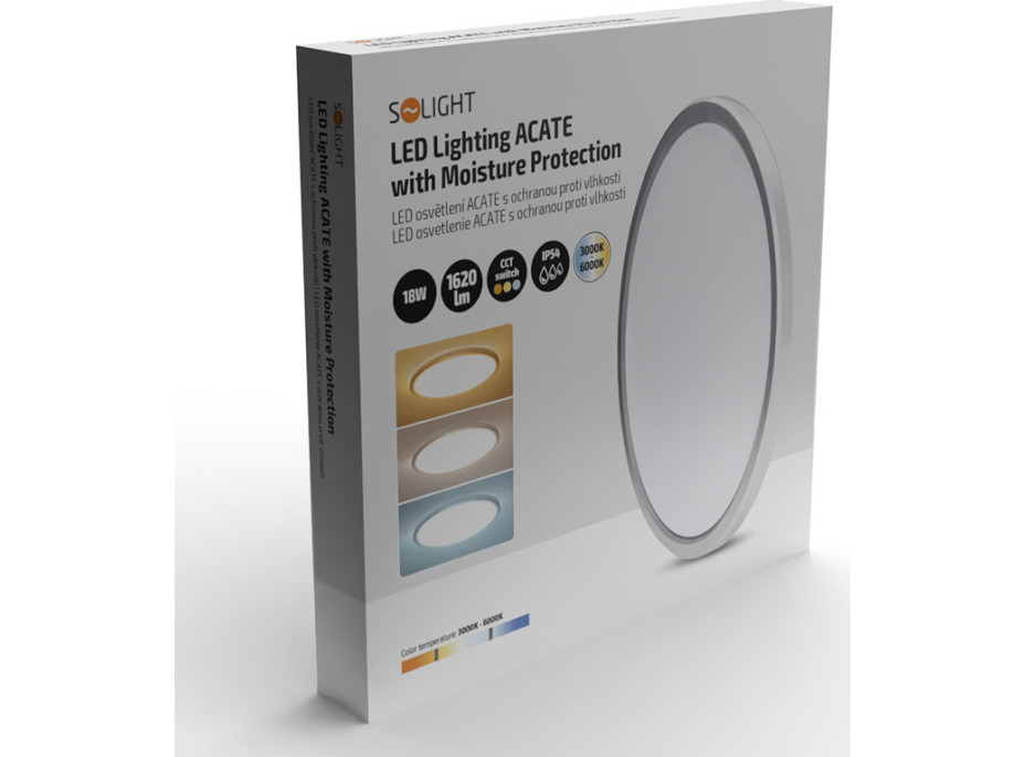 Solight LED osvetlenie Acate s ochranou proti vlhkosti, IP54, 18W, 1620lm, 3CCT, 22cm, strieborná