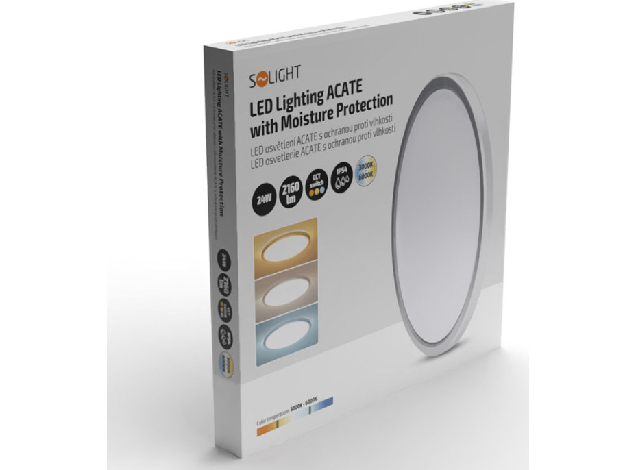 Solight LED osvetlenie Acate s ochranou proti vlhkosti, IP54, 24W, 2160lm, 3CCT, 30cm, strieborná