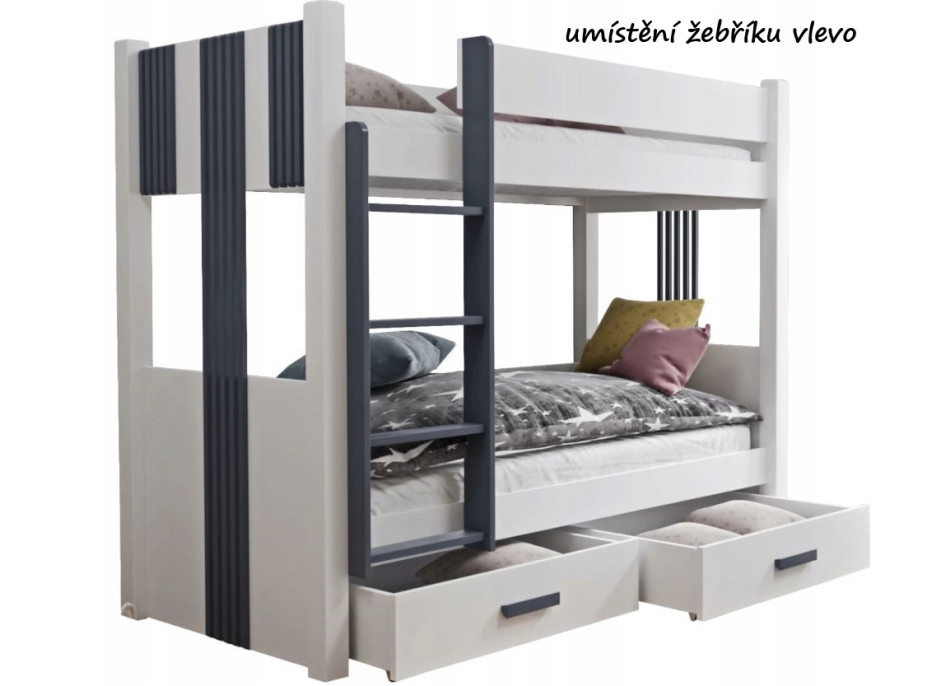 Detská poschodová posteľ z masívu borovice ARTEN III s prístelkou a šuplíky - 200x80 cm - biela/buk