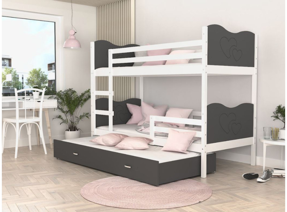Detská poschodová posteľ s prístelkou MAX Q - 190x80 cm - šedo-biela - srdiečka