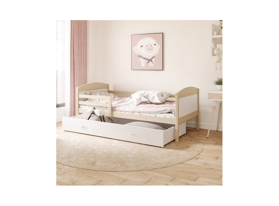 Detská posteľ so zásuvkou MATTEO - 200x90 cm - biela / borovica