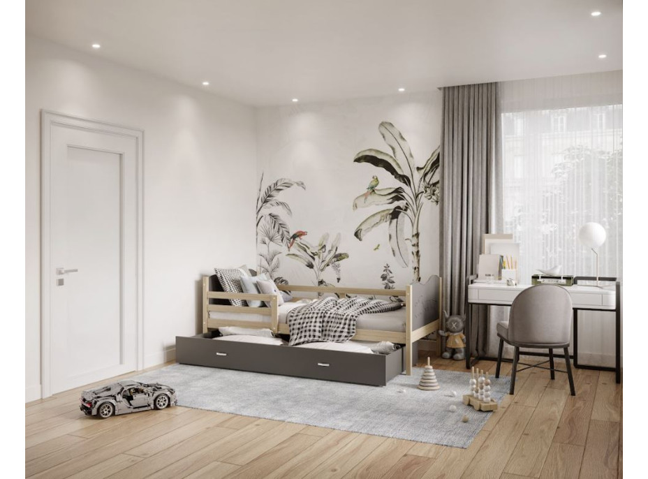 Detská posteľ so zásuvkou MAX S - 160x80 cm - sivá / borovica - vláčik