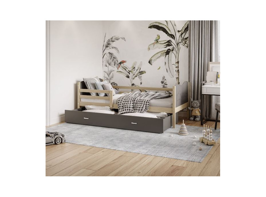 Detská posteľ so zásuvkou MAX S - 160x80 cm - sivá / borovica - vláčik