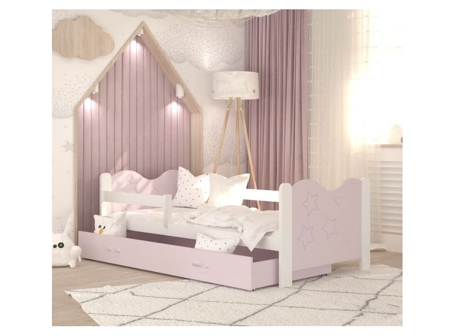 Detská posteľ so zásuvkou Mikoláš - 160x80 cm - ružovo-biela - mesiac a hviezdičky