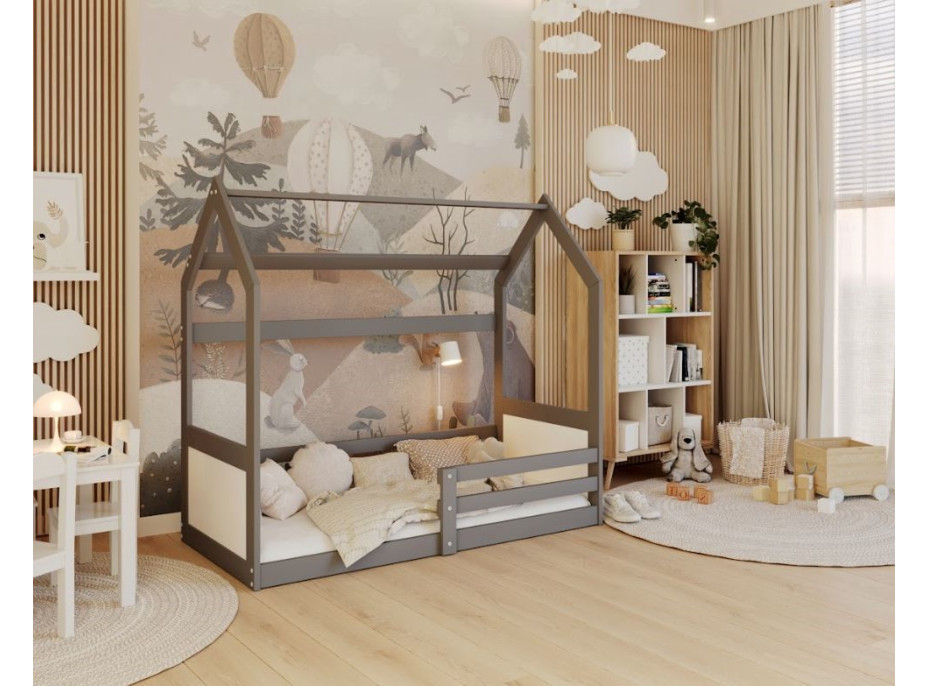 Detská domčeková Montessori posteľ z masívu borovice MIKI - 160x80 cm - šedá