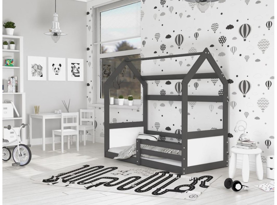 Detská domčeková Montessori posteľ z masívu borovice MIKI - 190x80 cm - šedá