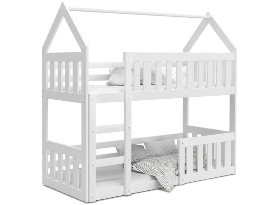 Detská poschodová domčeková posteľ z masívu borovice MINI s Montessori lôžkom - 160x80 cm - biela