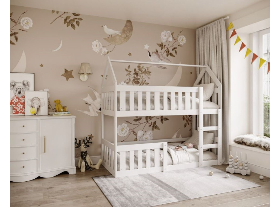 Detská poschodová domčeková posteľ z masívu borovice MINI s Montessori lôžkom - 160x80 cm - biela