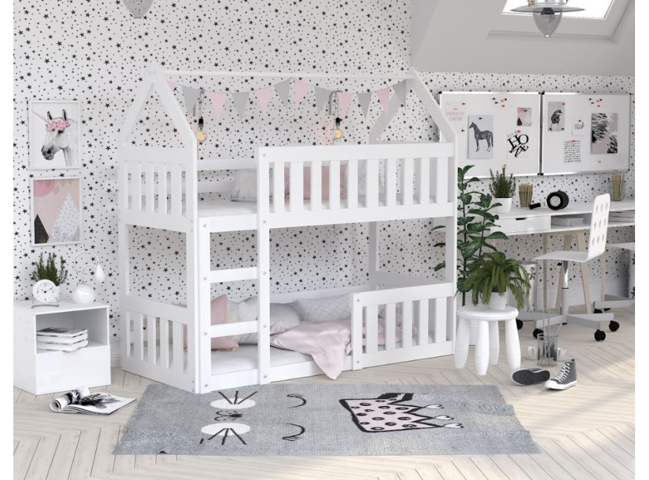 Detská poschodová domčeková posteľ z masívu borovice MINI s Montessori lôžkom - 160x80 cm - biela